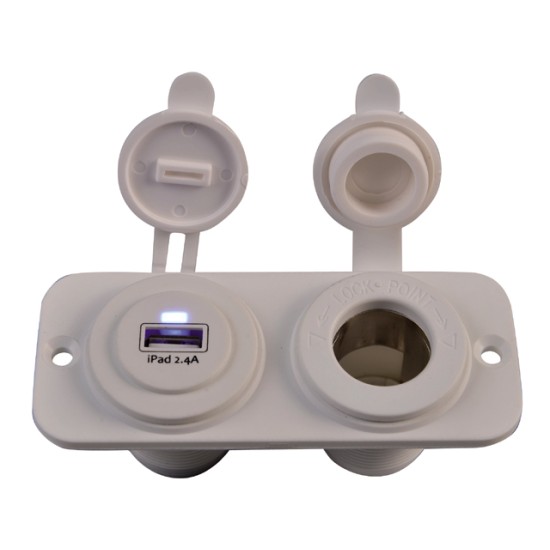 Dubbel flush frame wit met USB 2.4A en 12V stopcontact Dubbel flush frame wit met USB 2.4A en 12V stopcontact